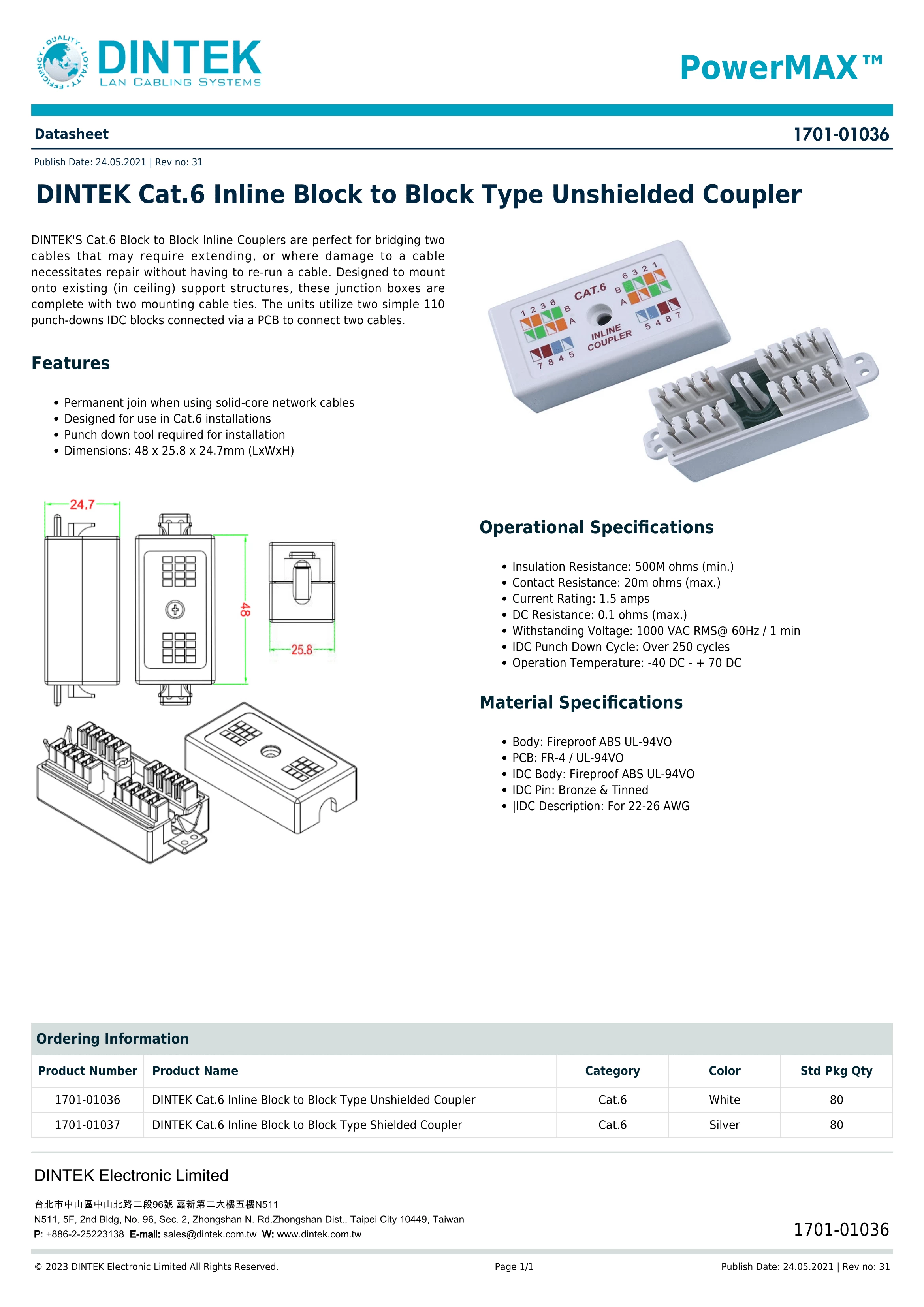 Bộ nối cáp DinTek 1701-01036 Block to Block Coupler CAT 6