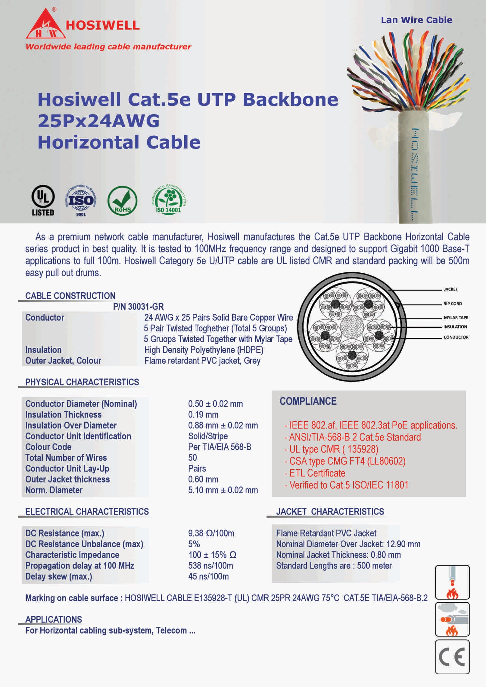 Cáp Mạng Hosiwell Cat.5E Utp Backbone 25Px24Awg Horizontal Cable