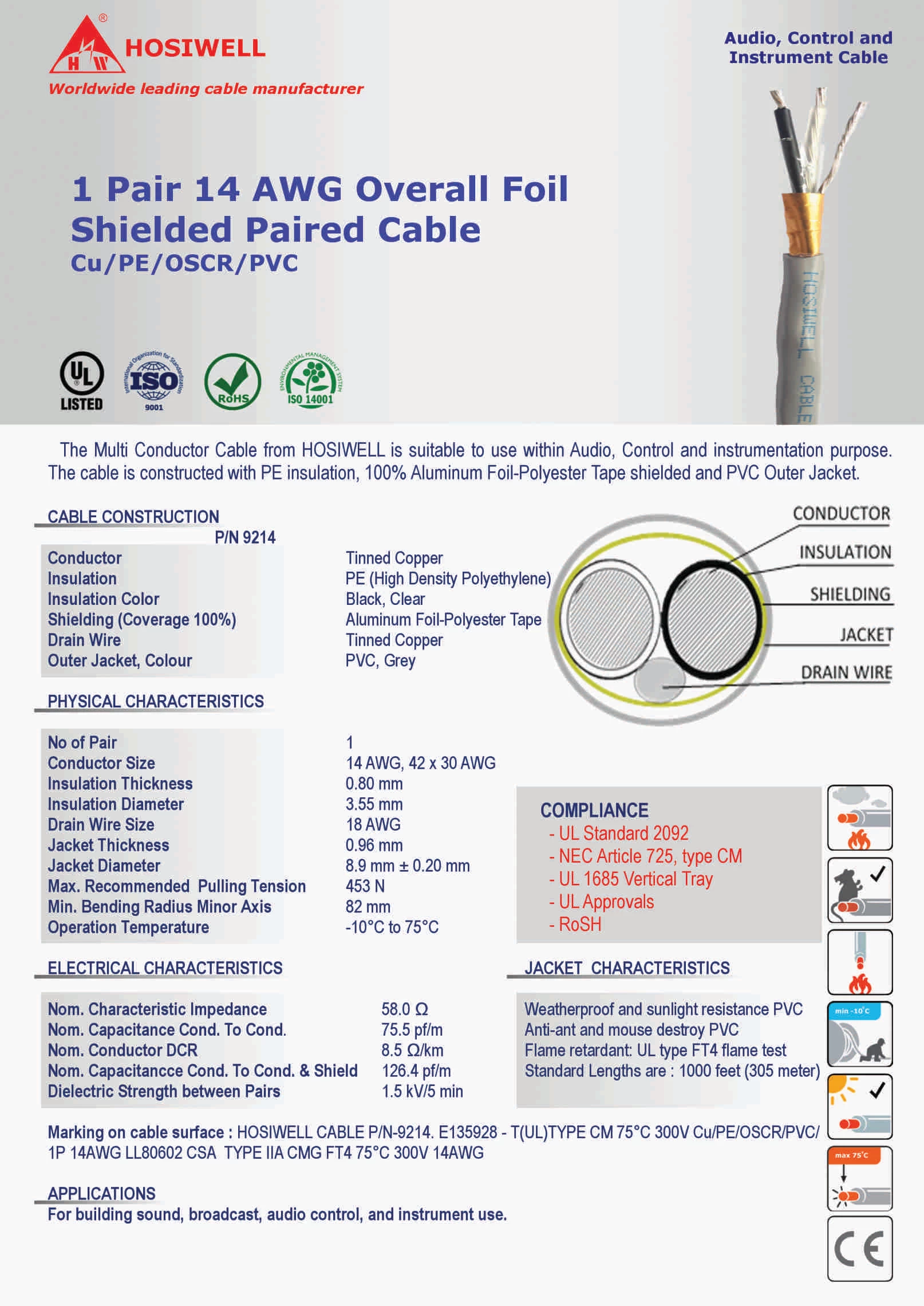 Cáp Tín Hiệu 1 Pair 14 Awg Overall Foil Shielded Paired Cable Cu/Pe/Oscr/Pvc