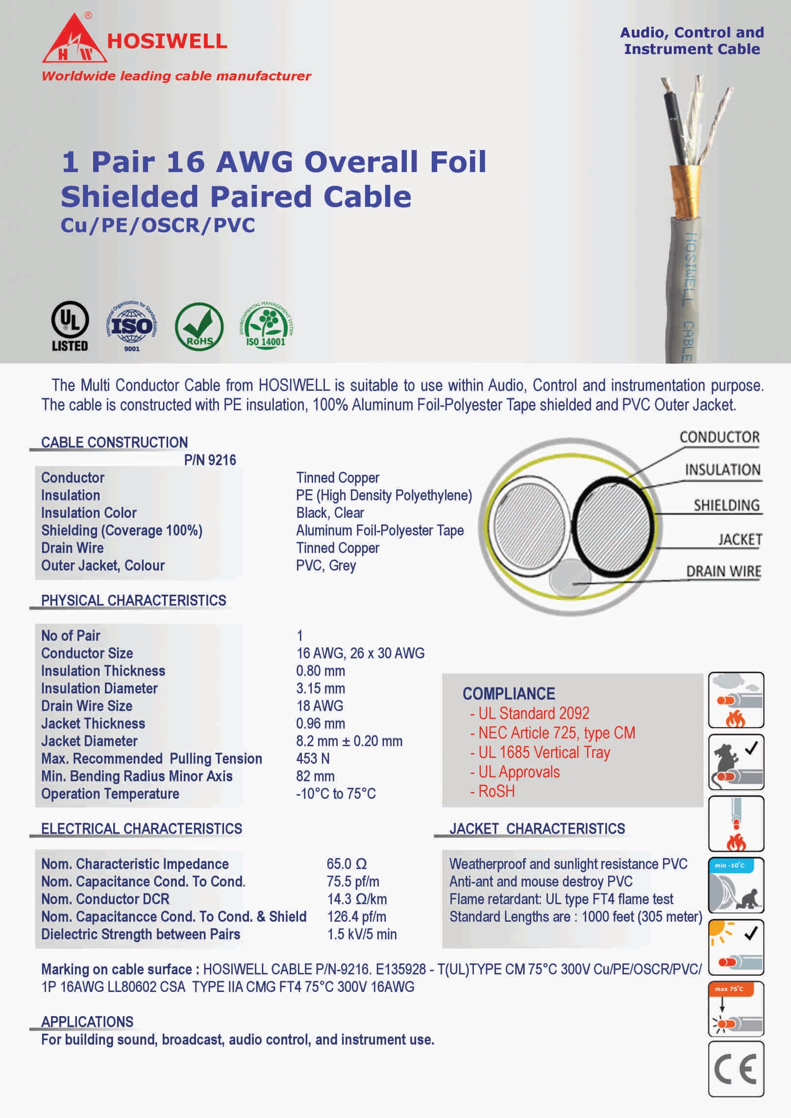 Cáp Tín Hiệu 1 Pair 16 Awg Overall Foil Shielded Paired Cable Cu/Pe/Oscr/Pvc