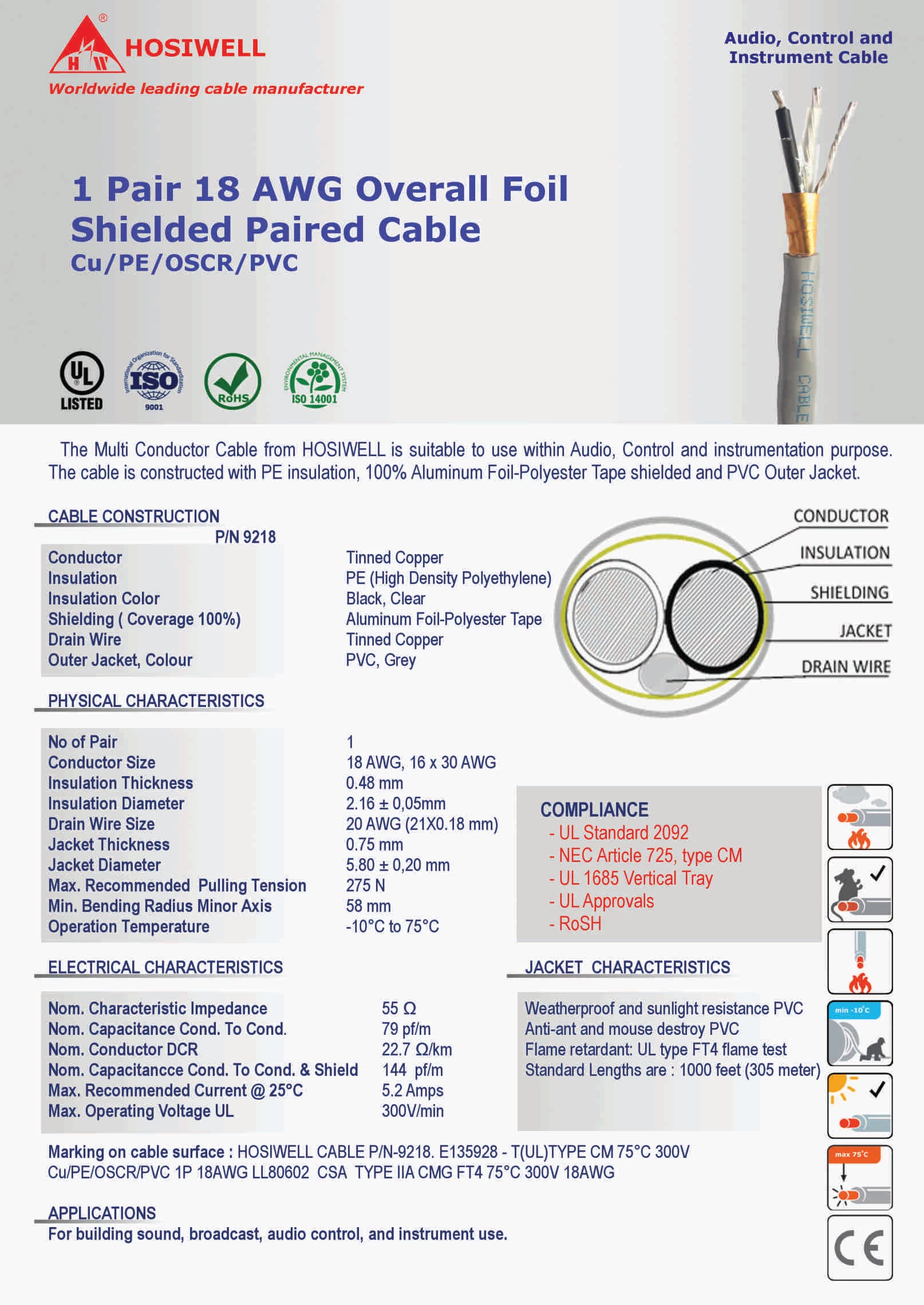 Cáp Tín Hiệu 1 Pair 18 Awg Overall Foil Shielded Paired Cable Cu/Pe/Oscr/Pvc