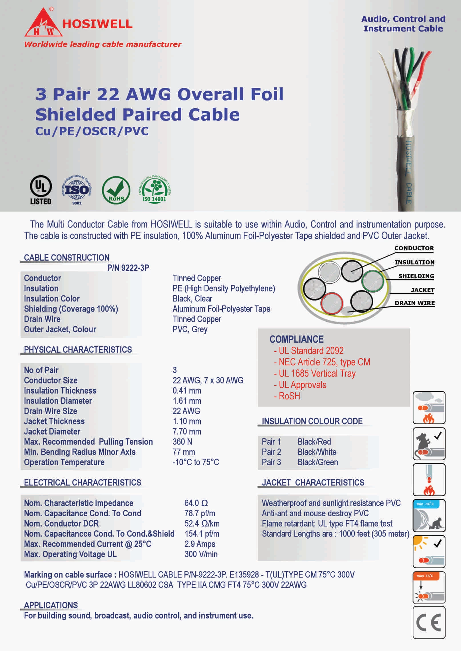 Cáp Tín Hiệu 3 Pair 22 Awg Overall Foil Shielded Paired Cable Cu/Pe/Oscr/Pvc