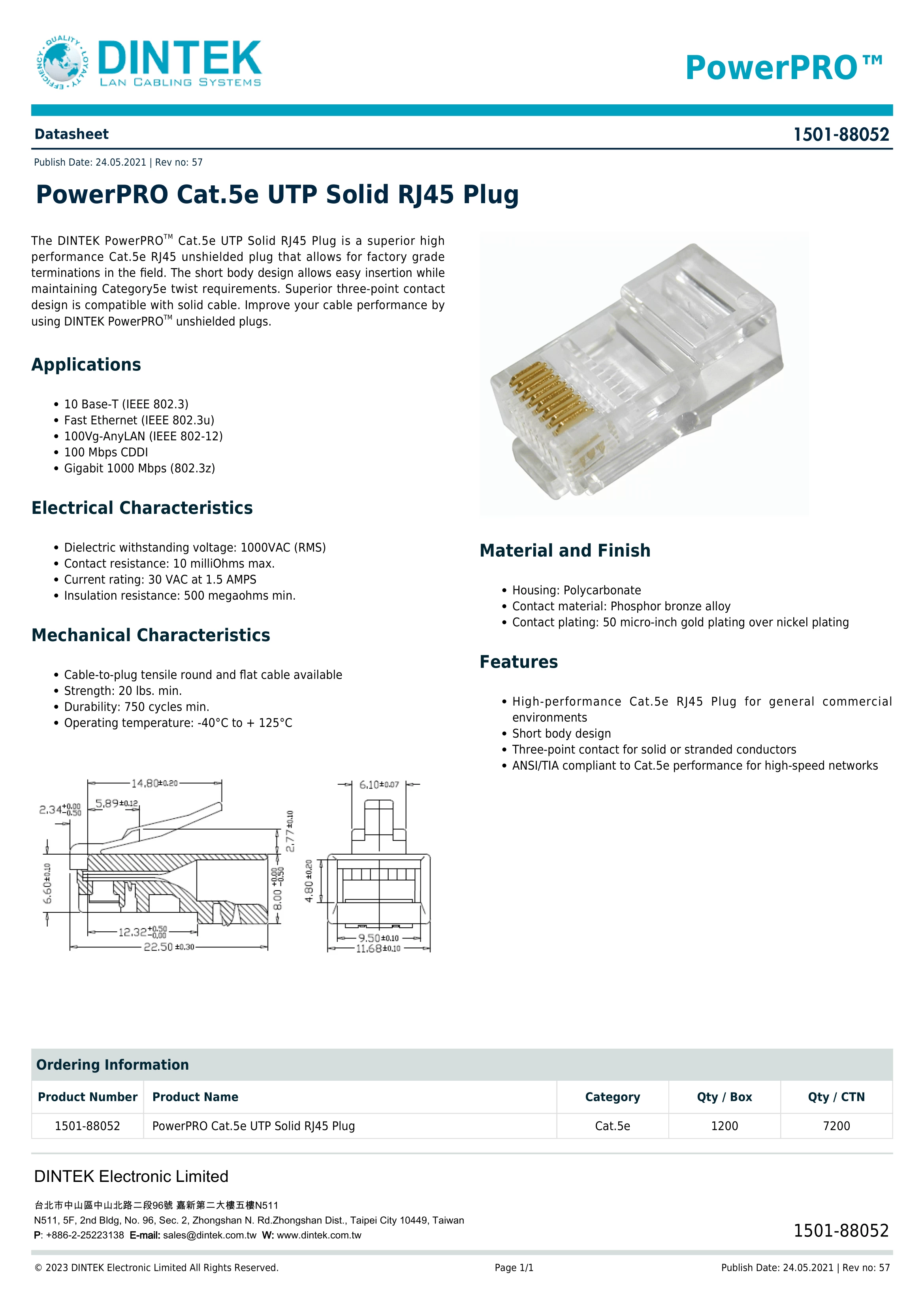 Đầu mạng RJ45 DinTek 1501-88052 CAT 5e 3 prongs contact 50u Gold plate