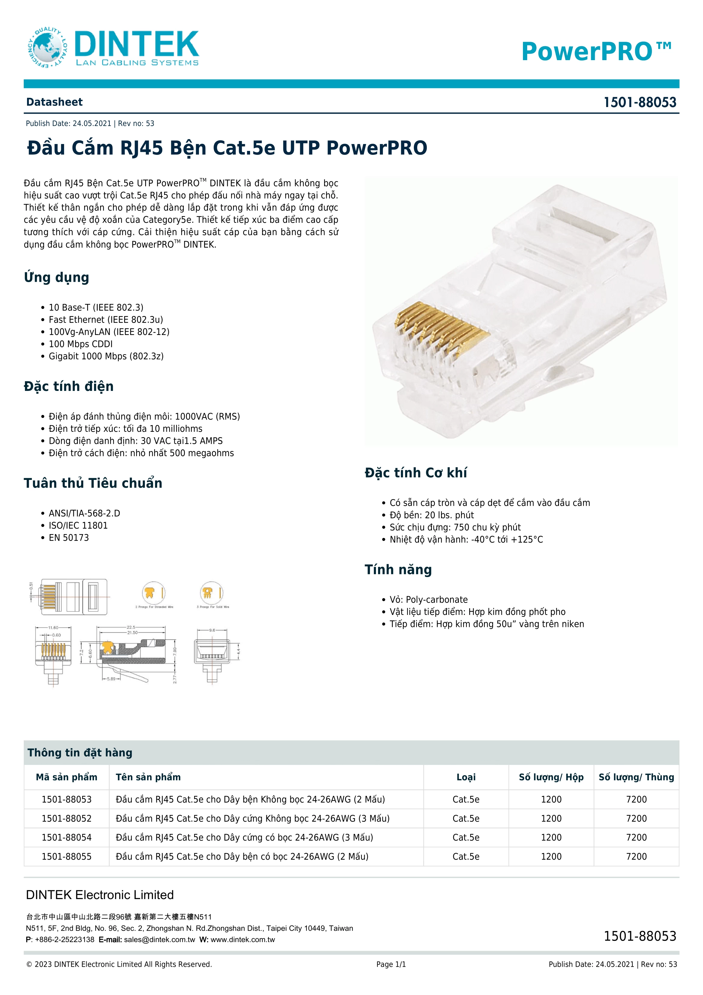 Đầu mạng RJ45 DinTek 1501-88060 CAT 5E CAT 6 dạng xuyên thấu PowerMAX Pass Through