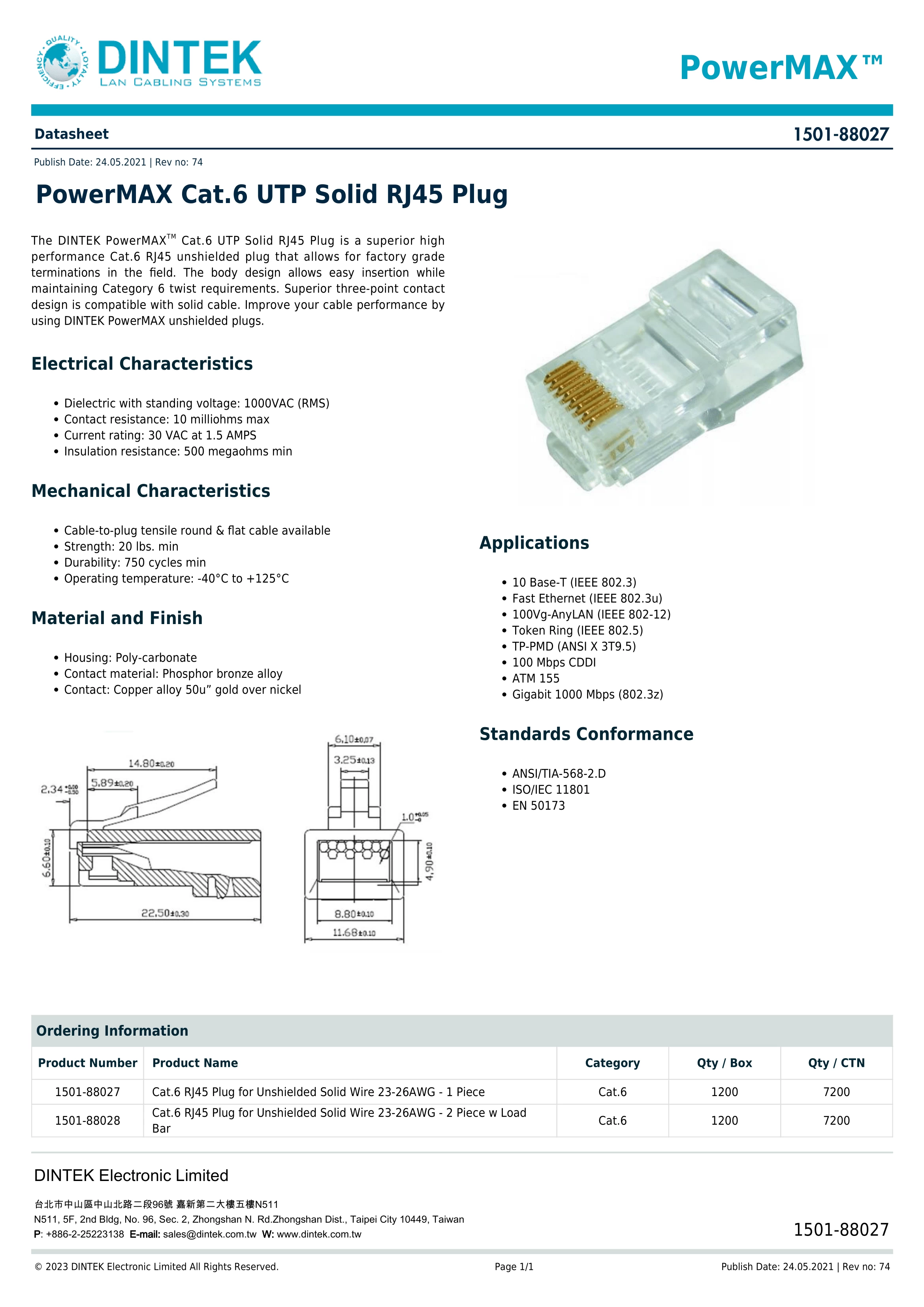 Đầu Mạng Rj45 Dintek 1501-88027 Cat 6 3 Prongs Contact 50U Gold Plated