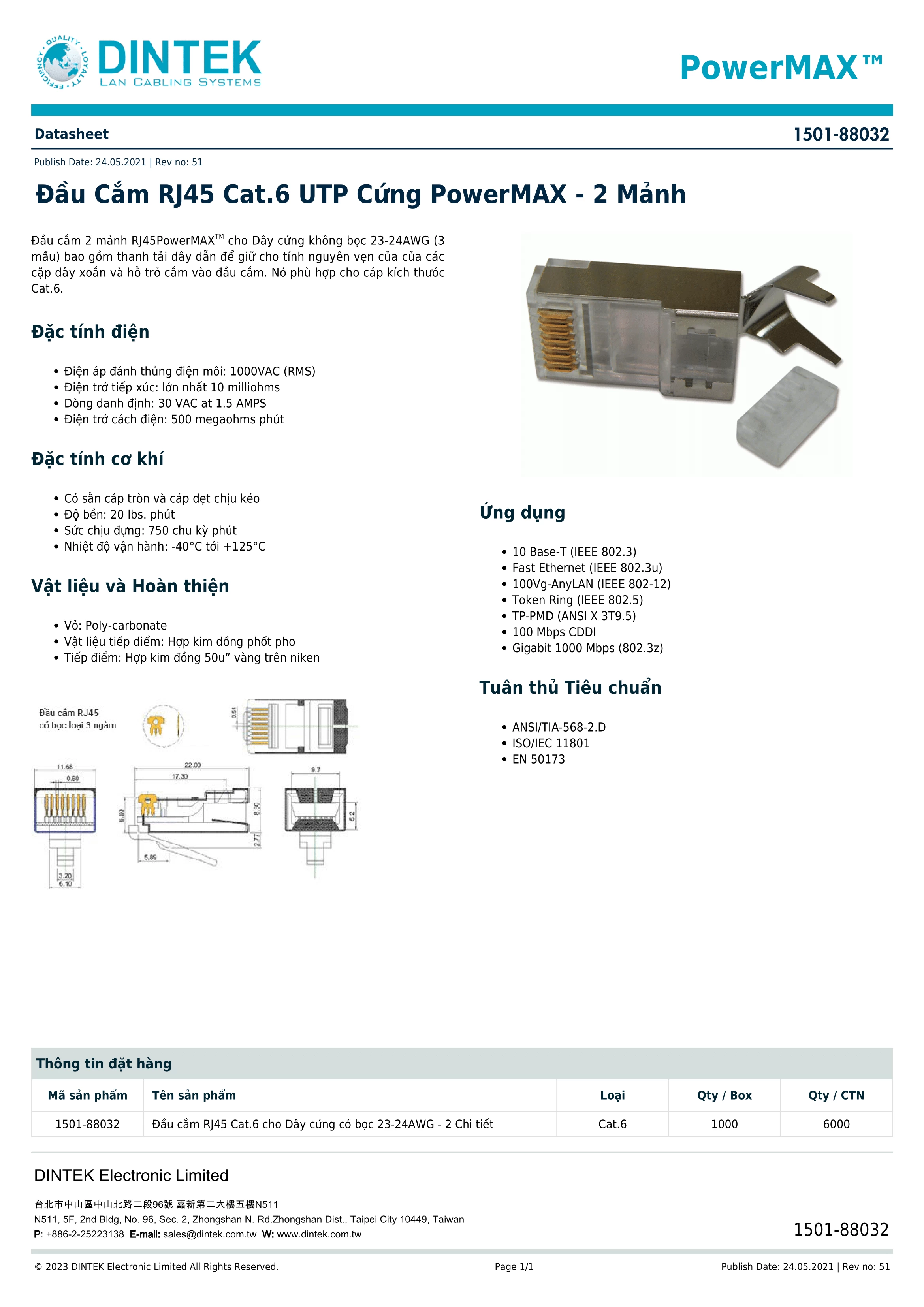 Đầu mạng RJ45 DinTek 1501-88032 CAT 6  S-FTP shielded bọc kim loại chống nhiễu