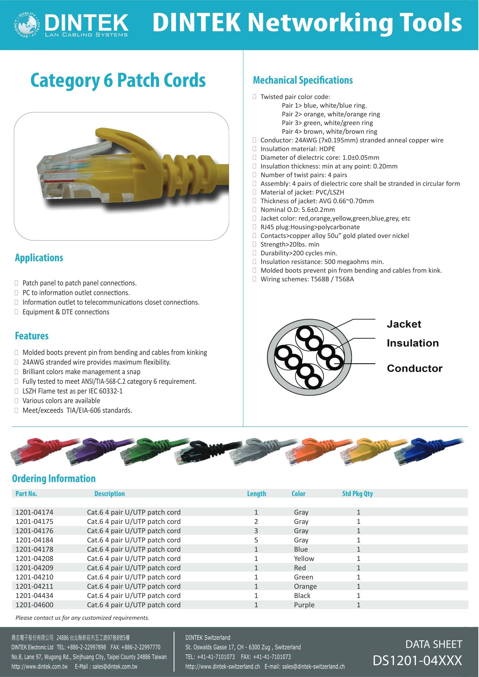 Dây nhảy mạng Patch Cord DinTek 1201-04176 UTP CAT 6 3m 2 đầu đúc RJ45