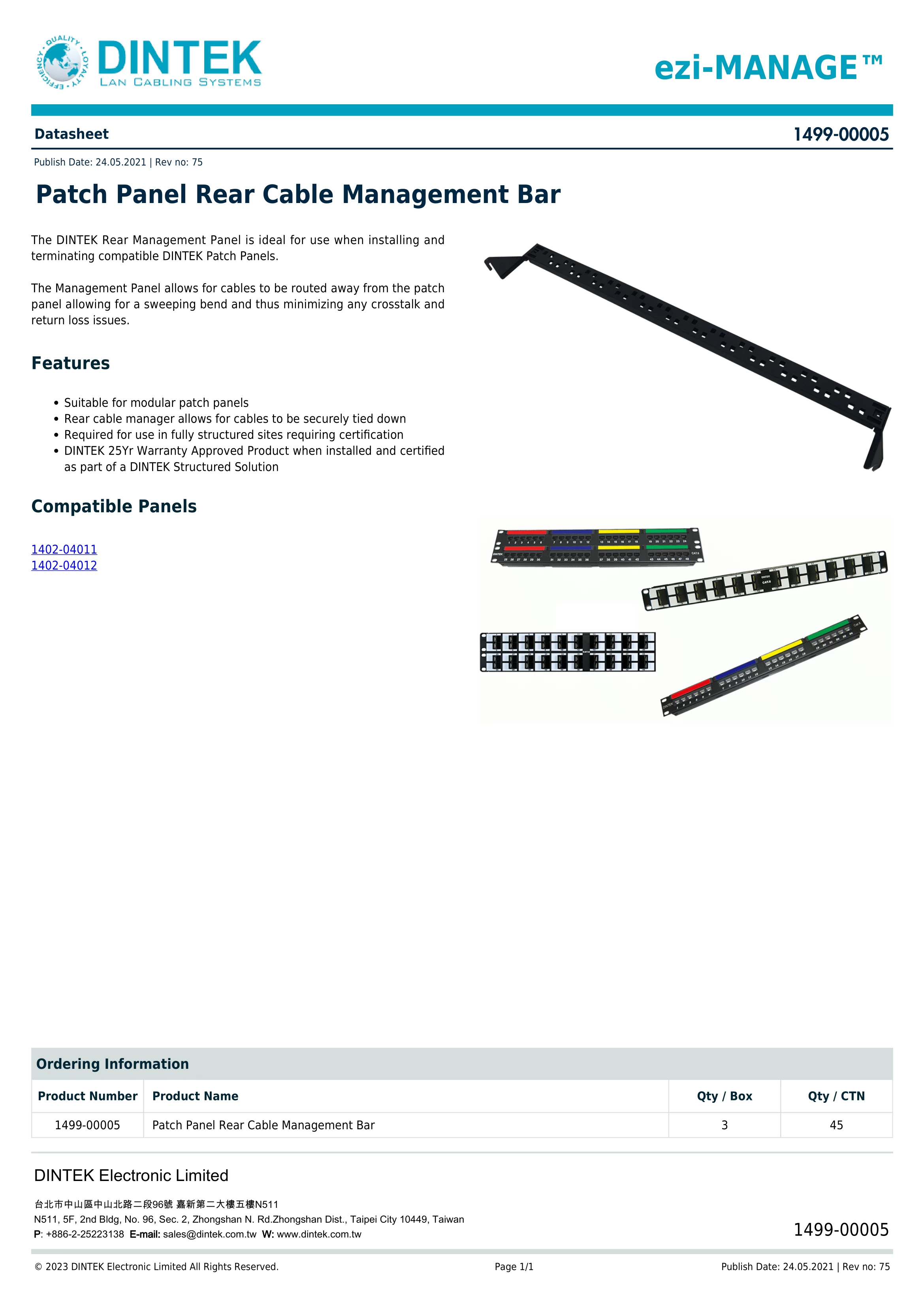 Kệ cố định cáp DinTek 1499-00005 cho patch panel 24 port