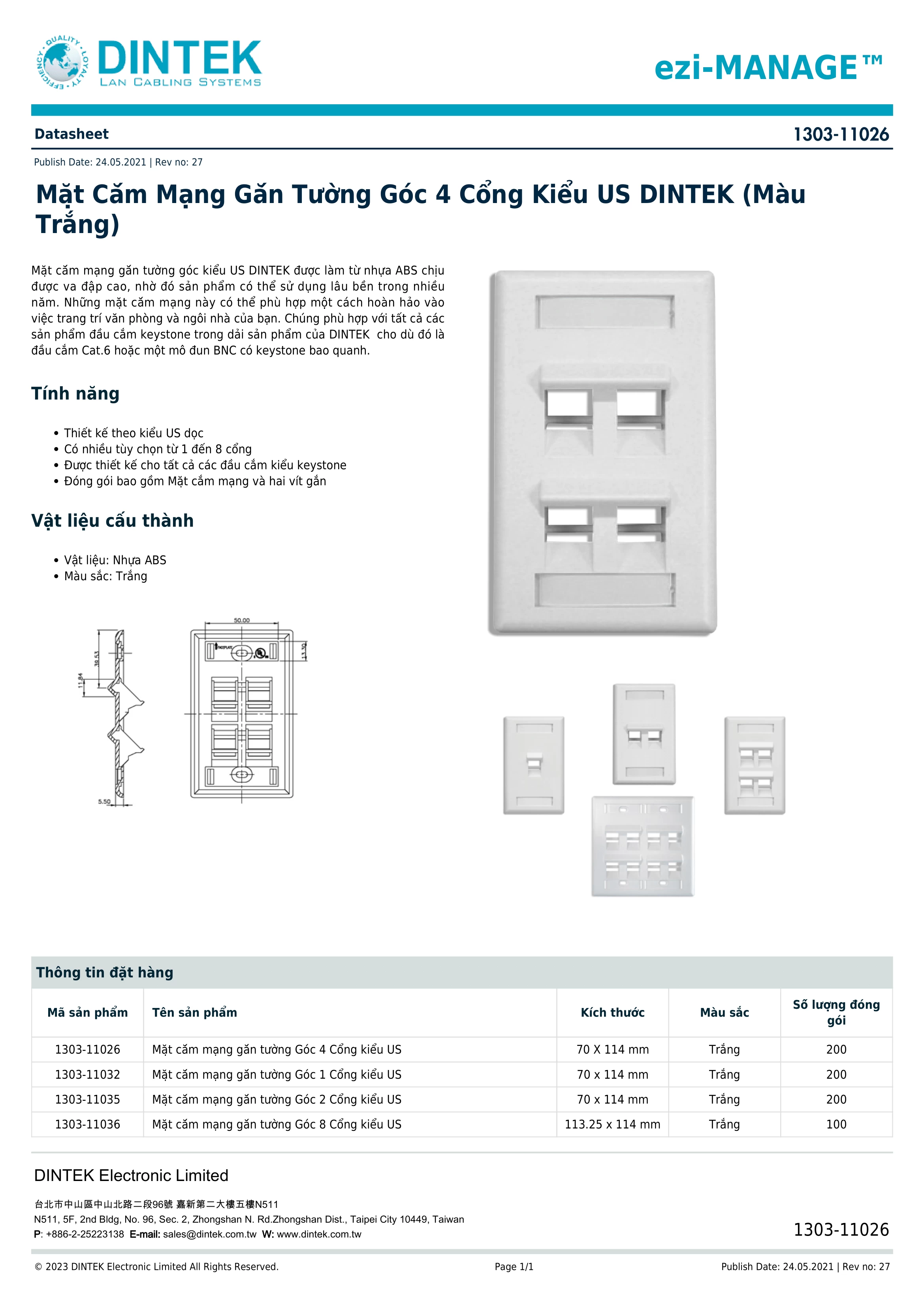 Mặt nạ mạng DinTek 1303-11026 04 port US type 70x114mm Mặt gốc 45 độ