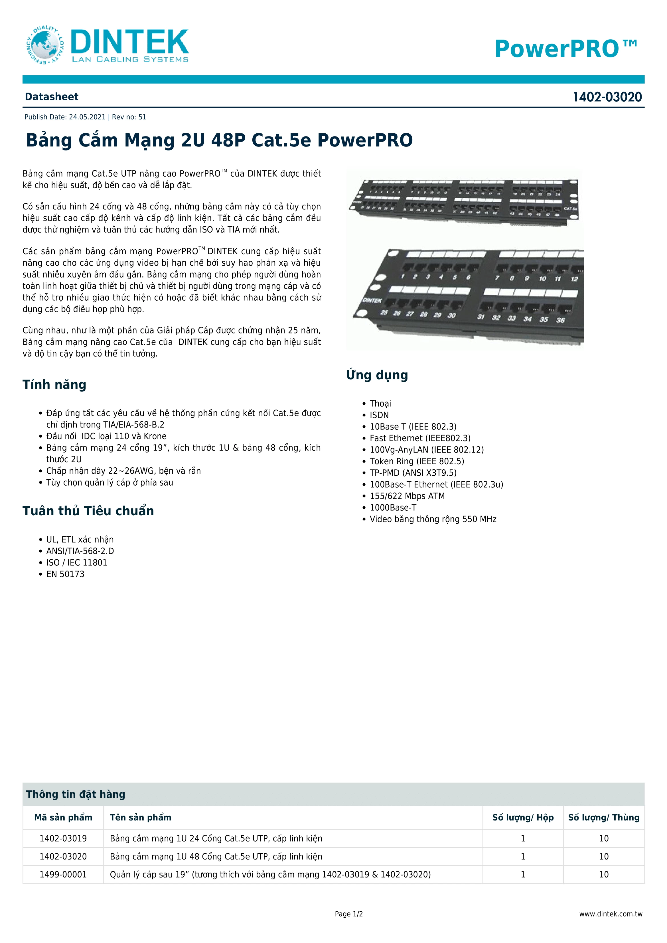 Thanh phối cáp gắn tủ rack DinTek 1402-03020 CAT 5E 48 port 2U 19 inch rackmount Krone type