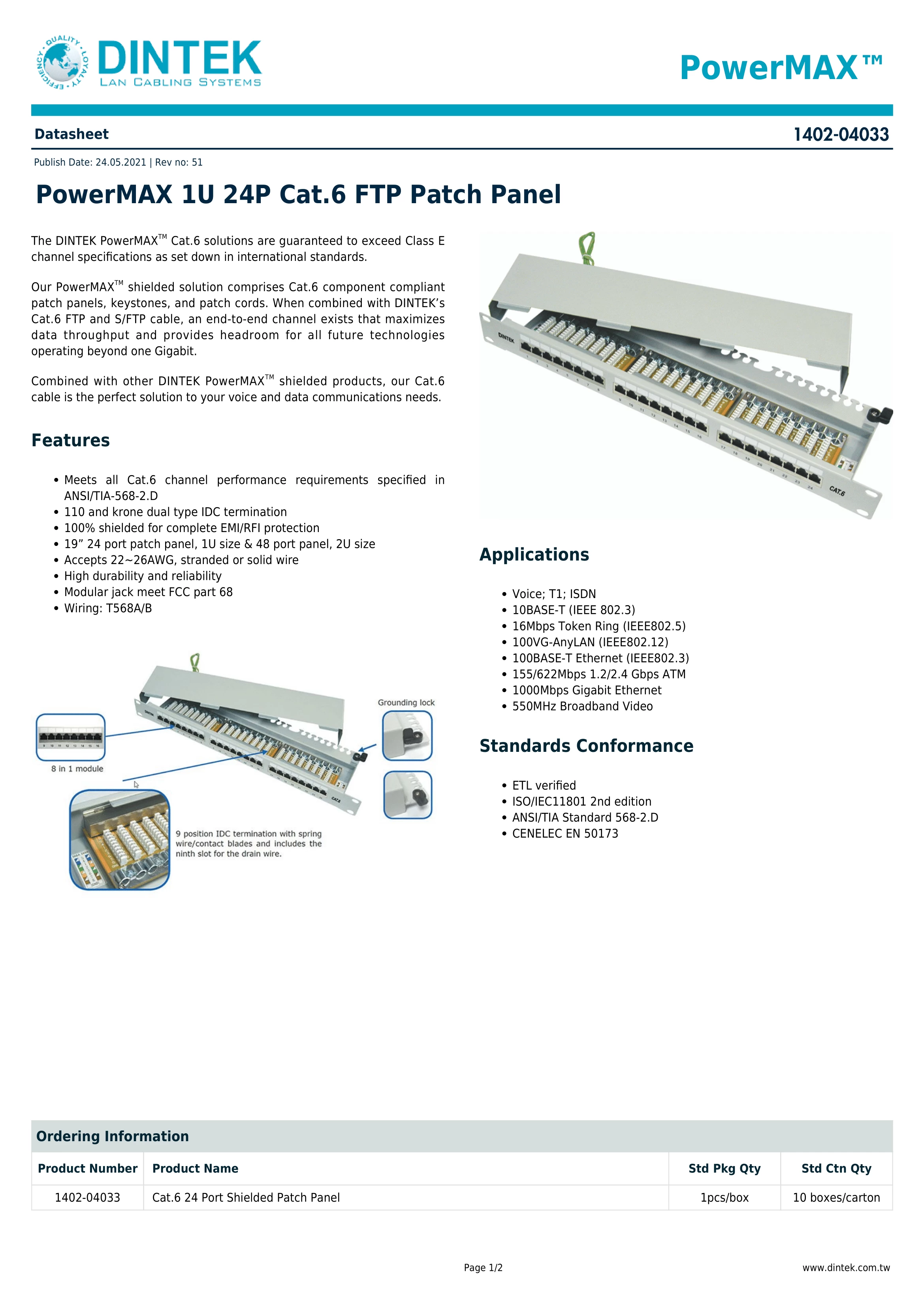 Thanh phối cáp gắn tủ rack DinTek 1402-04033 CAT 6 24 port Fully Shielded 19 inch rackmount Krone type