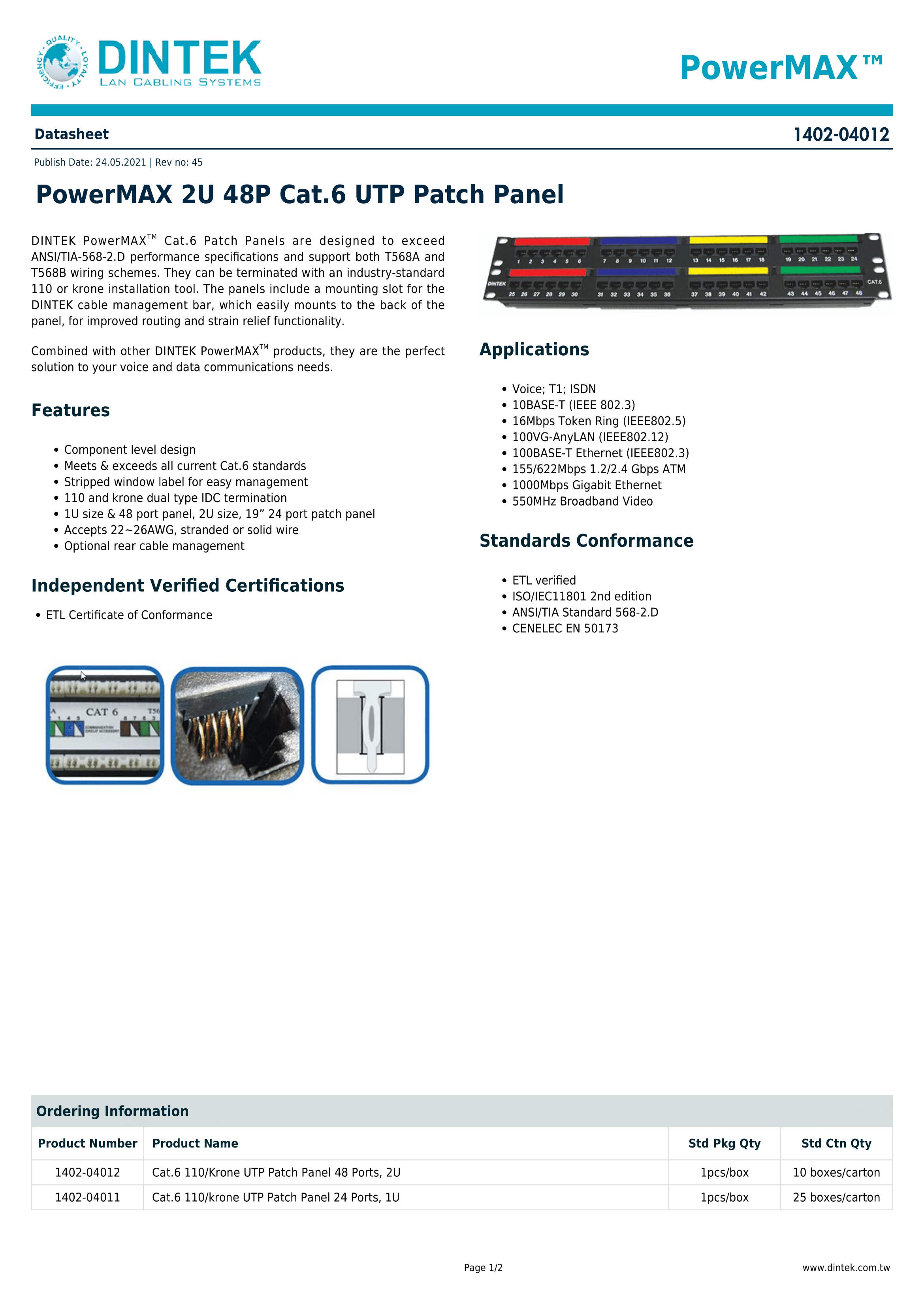 Thanh phối cáp gắn tủ rack DinTek 1402-04012 CAT 6 48 port 19 inch rackmount Krone type