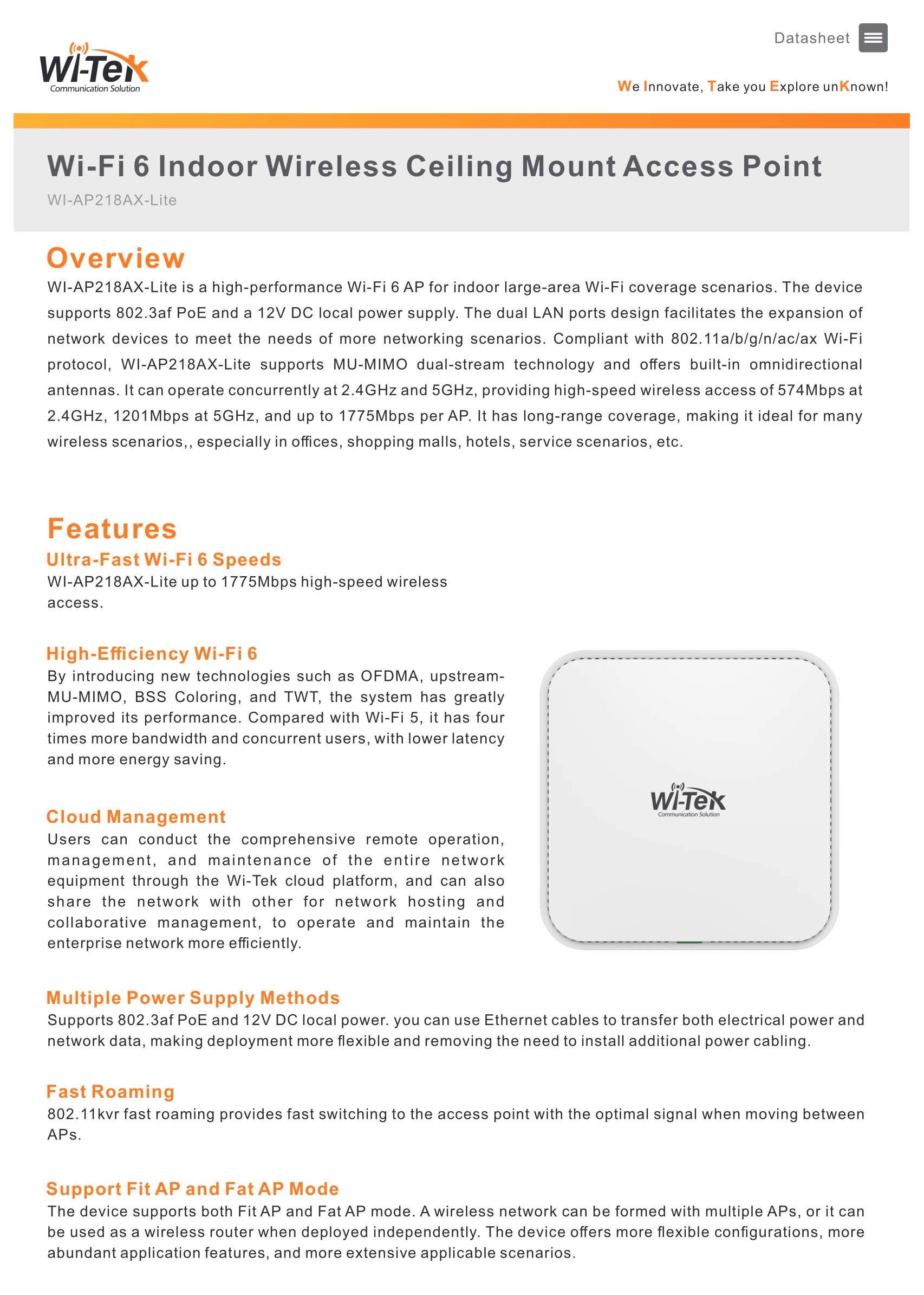 Wi-Tek WI-AP218AX-Lite Access Point WiFi 6 AX1800 ốp trần